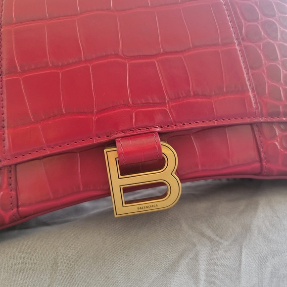 🎉LIKE NEW BALENCIAGA HOURGLASS SMALL HANDBAG CROCODILE EMBOSSED IN DARK RED - Picture 5 of 16